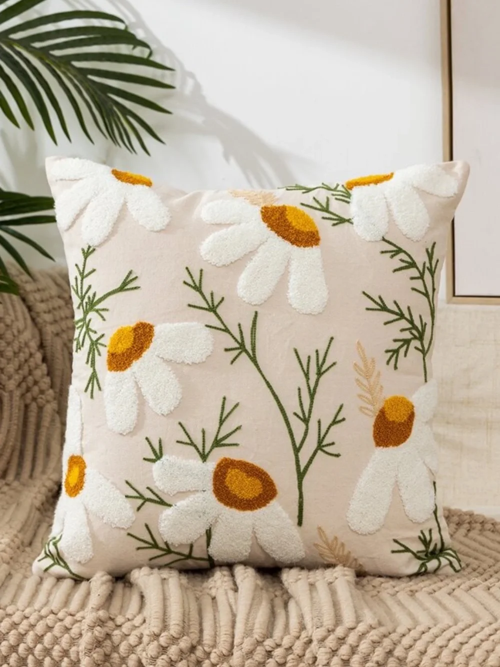 Embroidered Daisy Throw Pillow Set - Cream and Yellow